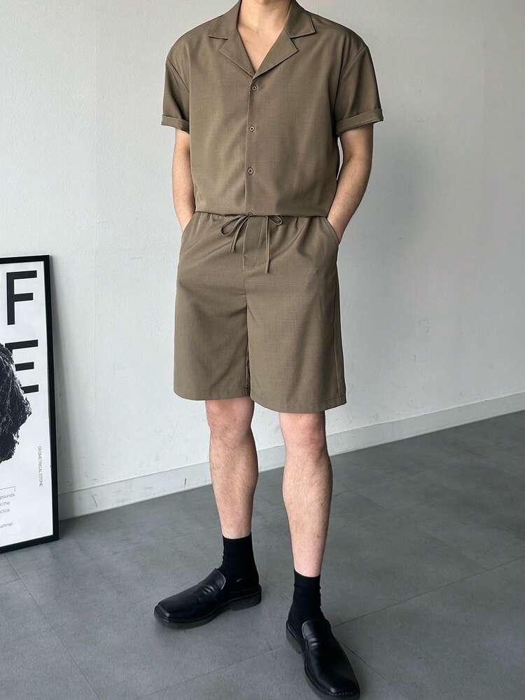 Men's Solid Color Short Sleeve Single-Breasted Shirt And Shorts Casual Suit, Summer