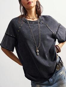 Bohemela Casual Solid Color Knit Round Neck Short Sleeve Loose Washed Women T-Shirt, Studded Punk Casual Top, Summer For Women, Carnival - Black - View 10