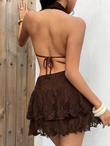 Aloruh Coffee Lace Plunging Neck Sexy Backless Dress, Y2K Music Festival Boho Mini Dress - Coffee - View 3