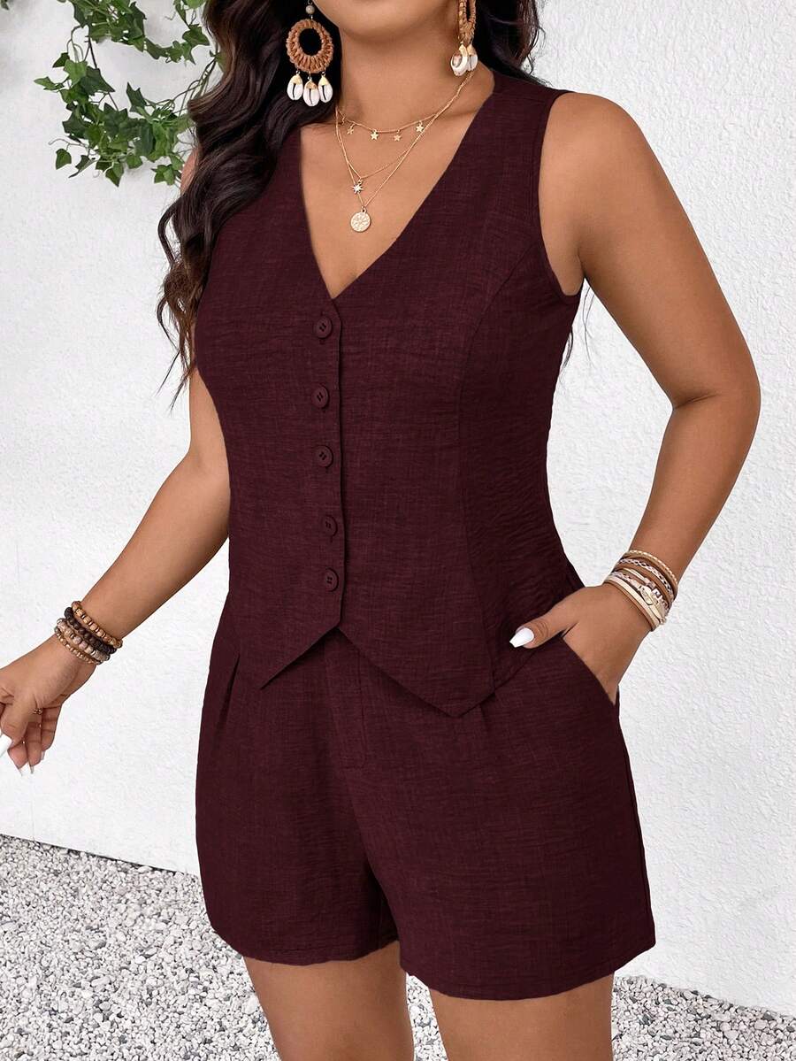 SHEIN Frenchy Bộ đồ thường ngày 2 mảnh dành cho nữ cỡ lớn, gồm áo ba lỗ và quần short, thích hợp mặc hàng ngày vào mùa hè. - Màu đỏ tím - Xem 1