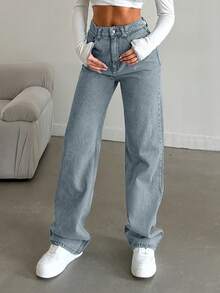 EURMUSE 100%Cotton Straight Leg Jeans Snow Wash - Baby Blue - View 7