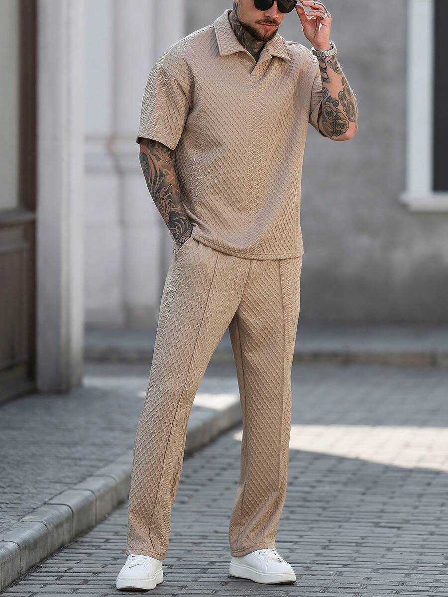 Manfinity CasualCool 男士纹理面料短袖休闲Polo衫套装 - 卡其色 - 查看 1