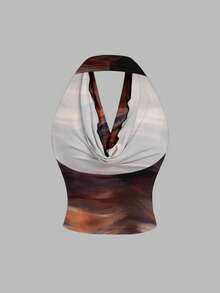 SHEIN MOD Elegant Abstract Brown Tie Dye Print Pattern Casual Vacation Style Women Tank Top, Suitable For Spring/Summer Vacation - Multicolor - View 3