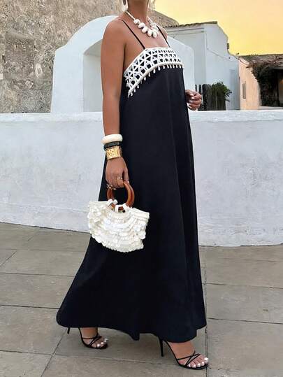 Weeklong Plus Size Women's Floral Lace Trim A-Line Maxi Casual Vacation Dress, Spring/Summer