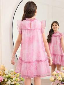 SHEIN Tween Girl Loose Elegant Ruffle Collar Floral Print Dress - Pink - View 2