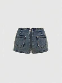ROMWE Grunge Punk Y2K Ultra Low Waist Sexy Rhinestone Rivet Crop Denim Shorts - Blue - View 2