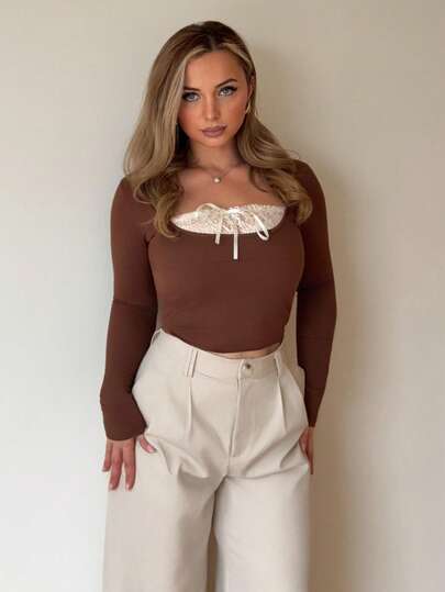 Jeta Ari Women's Contrast Lace Bow Decor Contrast Color Long Sleeve T-Shirt Going Out Tops,Fall Clothes Cute Tops