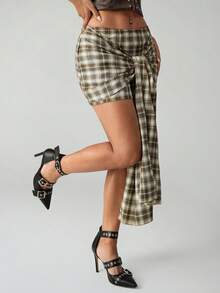 SHEIN ICON Women's Summer Fashion Daily Street Casual Plaid Print Pleated Twist Waist Mini Bodycon Skirt - Khaki - View 5