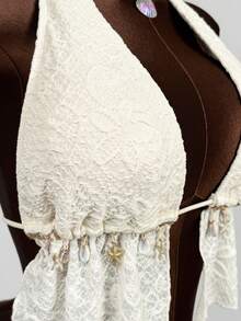 Zestiva Conjunto de biquíni feminino com top e calcinha de modelagem hipster, em tecido especial, com amarração frontal, laço e detalhe de estrela-do-mar. - Bege - Ver 5