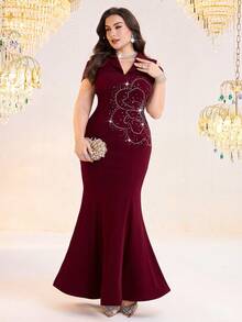 Modelyn 大码优雅派对水钻装饰露肩美人鱼连衣裙 - 酒紅色 - 查看 7