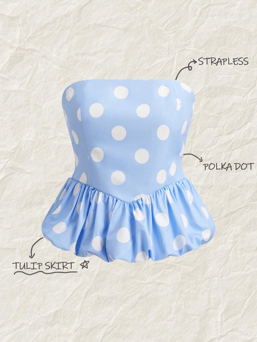 Olithes Áo quây nữ in chấm bi thời trang với vạt peplum - Màu xanh lam - Xem 1