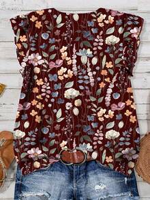 EMERY ROSE Áo kiểu nữ cỡ lớn mùa hè, phong cách thường ngày, họa tiết hoa, cổ chữ V, tay bồng. - Nhiều màu - Xem 2