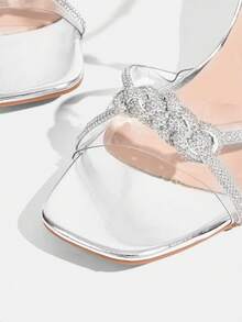 CUCCOO TILAWA Women's Fashion Rhinestone Twist Knot Square Toe Chunky Heel Sandals - Silver - View 6