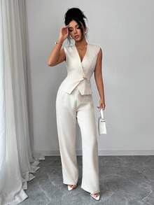 Elenzga Women's 2026 Spring/Summer New Elegant Minimalist Office Short Sleeve Suit Set - Apricot - View 6