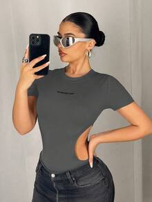 SHEIN ICON Y2K风格女士黑色高弹镂空轻薄无缝针织连体衣 - 灰色 - 查看 5