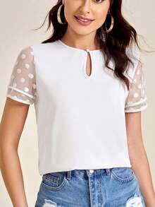 SHEIN Clasi Women's Casual Polka Dot Mesh Patchwork Blouse, Summer - White - View 5