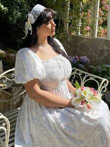 Lyrianda Đầm dài ngang gối dáng suông, cổ vuông, tay phồng, nhún bèo, thắt nơ, kiểu dáng thanh lịch cổ điển, thường ngày, dễ thương, thích hợp cho kỳ nghỉ. - trắng - Xem 5