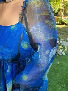 Lyrianda 大码女式优雅甜美公主宫廷风雪纺欧根纱度假仙女高腰A字层叠星空印花中长连衣裙 - 藍色 - 查看 7