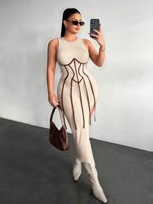 SHEIN SXY Women's Round Neck Sleeveless Fitted Mid-Length Dress With Side Slit Hem - Multicolor - View 4