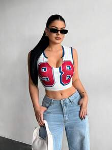 SHEIN SXY Women's Sexy Fashion Street Casual Commuting Numeric Print Contrast Trim Notch Neck Cropped Tank Top, Summer, 90s Top, Sexy Tops For Club, Crop Tops Y2k, - Multicolor - View 4