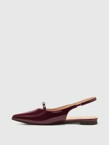 CUCCOO BIZCHIC Women's Burgundy Patent Leather Pointed Toe Backless Strap Comfortable Simple Rhinestone Decor Flat Slip-On Shoes, Suitable For Work Valentine's Day - Burgundy - View 9