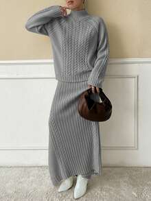 EURMUSE 2pcs Set Twisted Rib Knit Oversized Turtleneck Loose Sweater - Light Grey - View 5