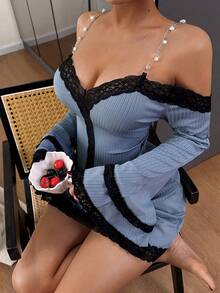 Dream Adore Áo ngủ nữ gợi cảm cổ chữ V tay dài trễ vai phối ren. - Màu xanh nhạt - Xem 4