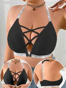 1pc Front Button Closure Plus Size Wireless Bra - Black - View 4