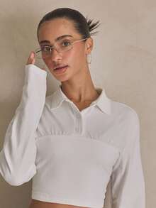 MUSERA Cinched Ruched Long Sleeve Cropped Shirt Top Summer, Sporty, Casual, Day, Streetstyle, Streetwear - White - View 2