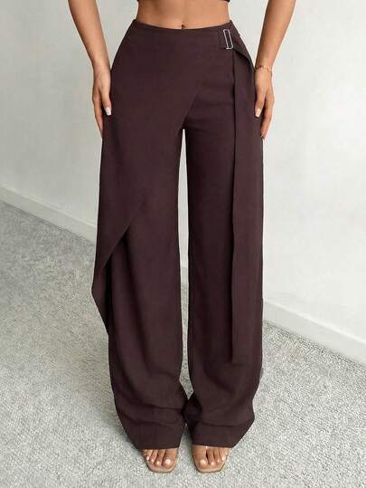 SHEIN SXY Women's Casual Fashion Design Simple Solid Color Oblique Pocket Wrap Buckle 2 In 1 Wide Leg Pants, Wide Pants, Loose Pants, Flow Pants, Fold Over Pants, Bow Pants,Elegant ,Business Casual Outfits Women