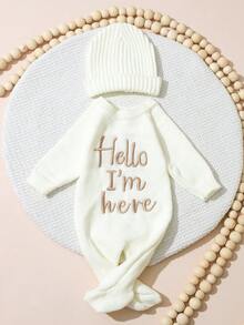 SHEIN 2 件套“你好，我在这里”刺绣新生儿男孩女孩摄影服装针织婴儿连体衣连脚连体衣带帽子婴儿 1 个月 100 天拍照道具 - 彩色 - 查看 2