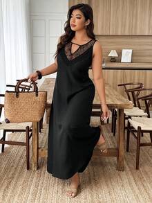 Weeklong 大码女士休闲蕾丝拼接A字长连衣裙，春夏款 - 黑色 - 查看 3