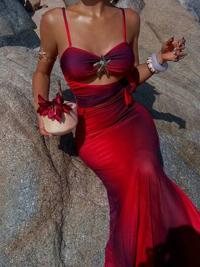 Opulessa 女士度假沙滩渐变色露背系带连体泳衣罩衫带裙套装