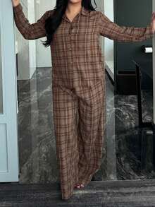 Dazy Plus 两件套格子宽松长袖上衣和长裤睡衣套装，春秋季时尚睡衣 - 棕色 - 查看 8