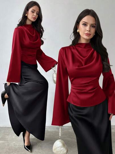 Firerie Women's Elegant Long-Sleeved Shirt / Glossy Top / Faux Silk Satin Shirt / Commuter Shirt / Brown Blouse / Office/Business Attire / New Year's Look / Vintage Style Shirt / Bell Sleeve Shirt