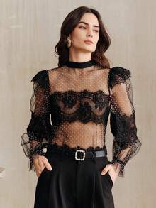 Anewsta 女士性感薄纱蕾丝荷叶边长袖衬衫 - 黑色 - 查看 3