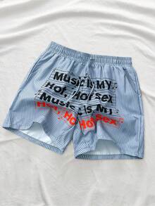 ROMWE MEN Street Life 男士标语条纹印花抽绳腰带口袋短裤 - 彩色 - 查看 1