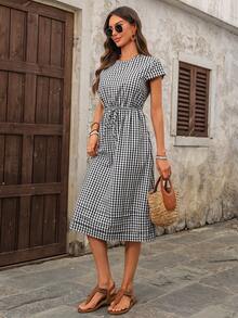 EMERY ROSE 女士休闲格子印花短袖连衣裙 - 黑與白 - 查看 3