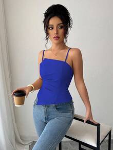Elenzga Tank Top Wanita dengan Desain Lipit yang Elegan & Lucu - Royal Blue - View 3
