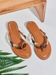 SHUZIA Women's Minimalist Comfortable, Durable, Stone Chain Thong Strap Slip-On Flat Sandals - Maroon - View 5