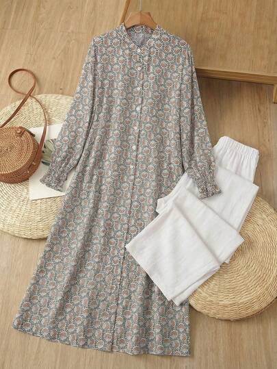 Rusticease 2 Stücke Damen Lässig Urlaubs Allover-Muster Langarm Top und Hose Set, Herbst bescheidenes Set für Frauen Blume Muster elegantes Kleid Langarm locker sitzendes Kleid Zweiteiler Outfit Damen bescheidenes Kleid Urlaubs Blume Muster Kleid Langarmkleid Cottagecore Kleid Damen Zweiteiler Set Blume Muster Langkleid weiße Weite Hose