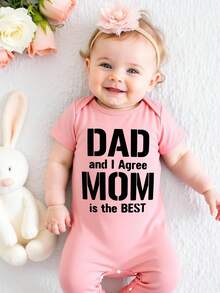 Baby Girl Casual Cute Slogan Print Romper, Pink Round Neck Jumpsuit Suitable For Spring/Summer - Grey - View 1