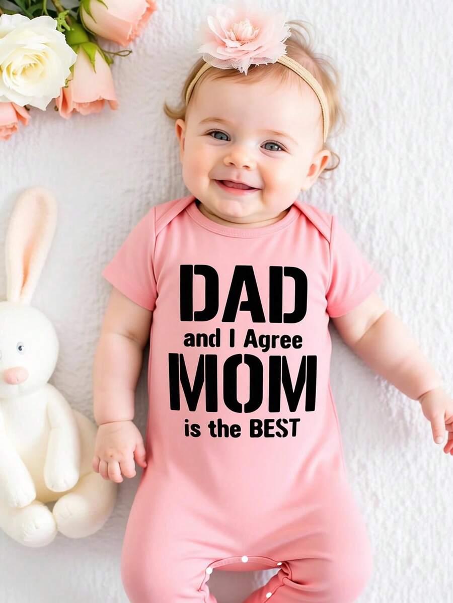 Baby Girl Casual Cute Slogan Print Romper, Pink Round Neck Jumpsuit Suitable For Spring/Summer - Grey - View 1