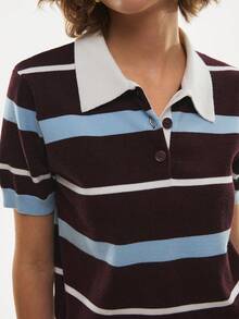 Poéselle 女士复古条纹针织Polo衫，短袖翻领学院风Tenniscore条纹针织Polo衫，学院风，Tenniscore，复古条纹上衣，短袖针织衫，翻领毛衣，Y2K Polo衫，学院风针织休闲撞色条纹图案短袖针织衫，夏季上衣，春季假期休闲装 - 咖啡棕 - 查看 3