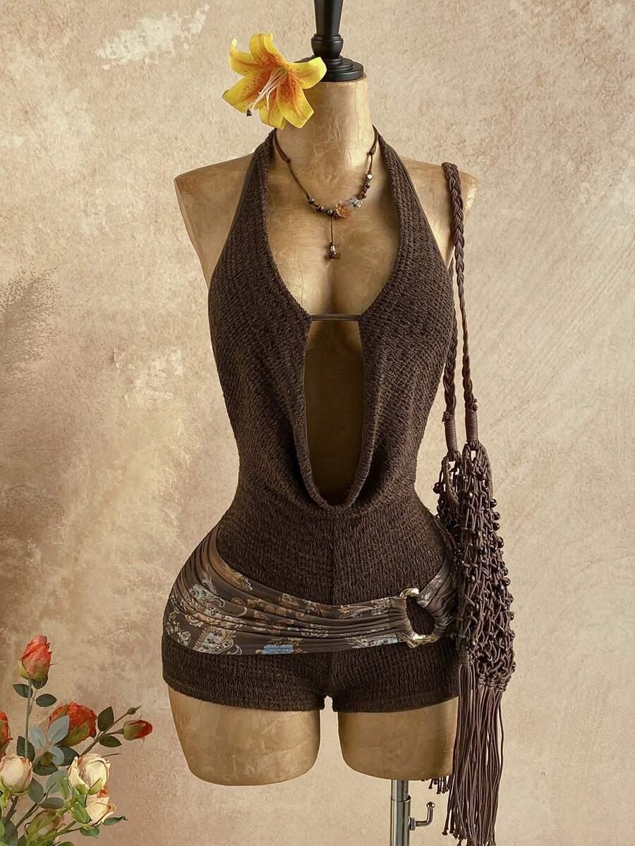 Soleia 新款休闲度假西部海滩婚礼宾客着装毕业早午餐女士圣帕特里克节春假复活节音乐节优雅波西米亚热带露背金属串珠纹理连体裤 - 彩色 - 查看 1