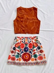 Soleia 1 Set Women Solid Woven Cropped Sleeveless Tank Top & High Waist Printed Woven Mini Skirt - Multicolor - View 2