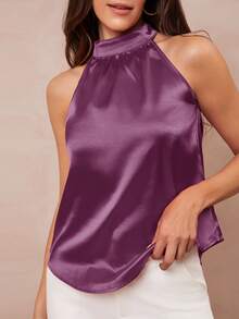 Amorya Women's Solid Halter Neck Sleeveless Satin Top - Violet Purple - View 5
