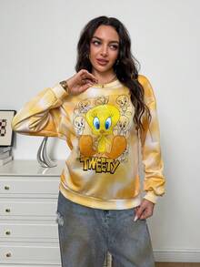 LOONEY TUNES X SHEIN 女式卡通字母扎染印花超大落肩套头衫，春秋季 - 黃色 - 查看 5