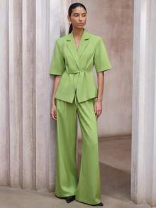 Aveloria Modichic بدلة عمل أنيقة وعصرية: بليزر قصير الأكمام مع تصميم حزام خصر رفيع، مقترن مع بنطال فضفاض واسع الساق - أخضر - مشاهدة 5