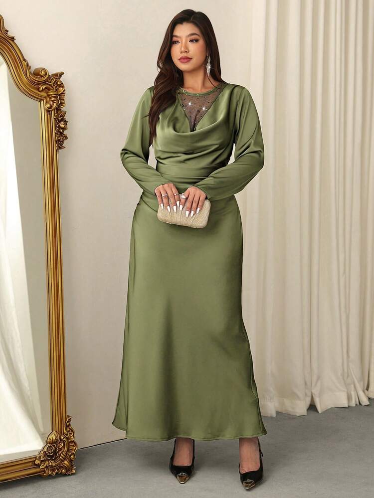 Firerie Women's Elegant Olive Green Autumn Satin Dress,Long Sleeve Formal  Wedding Guest Bodycon Dress, Mesh Patchwork Plunging Neck Sequin Party  Outfit | SHEIN USA
